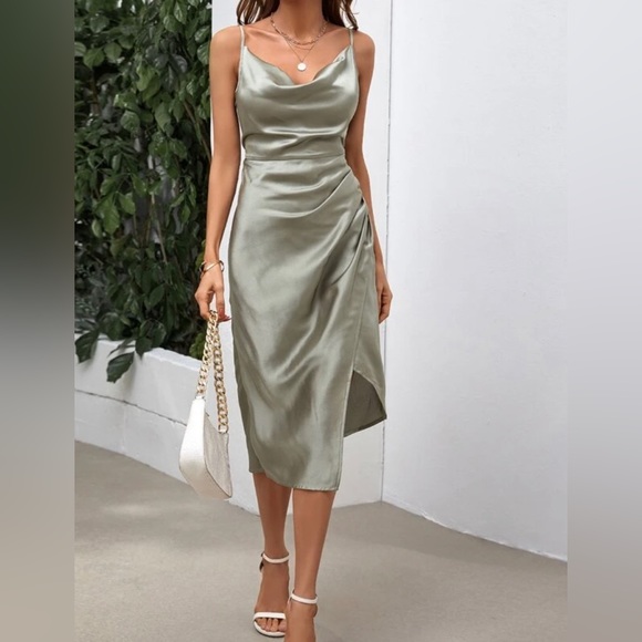 Sage green satin midi dress -size 2 - Picture 1 of 4